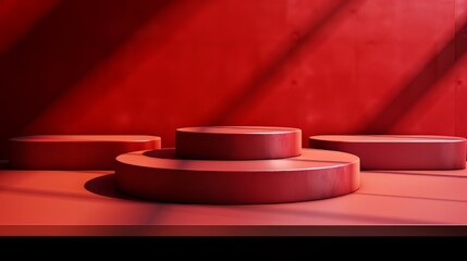 Red background podium light studio stage platform. Empty red podium product display spotlight abstract scene wall floor background pink shadow texture perspective showroom presentation