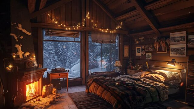 view of a cabin room with fireplace, seamless looping 4k resolution, animation video background