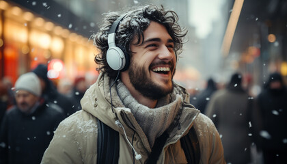 Smiling man enjoys winter night, listening to music outdoors generated by AI