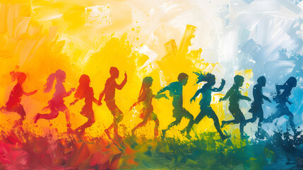 Colorful Silhouettes of Children Running with a Bright Splash of Paint
