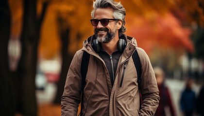 Fototapeta premium A confident man in sunglasses enjoys autumn outdoors, smiling generated by AI