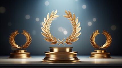 Winner award podium prize silver gold trophy win champion pedestal first stage bronze sport. Podium background winner 3d award ceremony medal platform laurel best place second third design light event