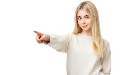 Fototapeta premium Young student woman , pointing to the side isolated on transparent and white background.PNG image.