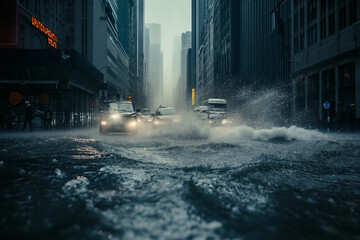 city street during heavy rainfall, with cars pushing through the flooded roads, splashing water around