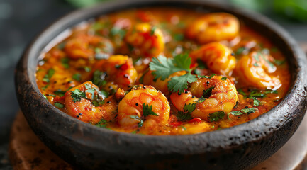 A bowl of Kerala prawn curry sprinkled with cilantro and spicy sauce, typical of South Indian food culture, AI generated