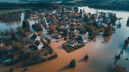 Obraz premium Aerial shot captures the devastating impact of a flood on a residential neighborhood. Houses and streets are submerged under murky water