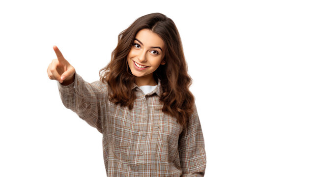 Young student woman , pointing to the side isolated on transparent and white background.PNG image.