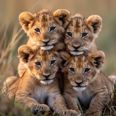 Obraz premium a stack of 4 lion cubs