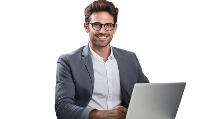 Young smiling modern male teacher holding laptop isolated on transparent and white background.PNG image.