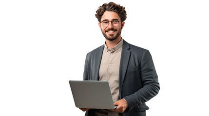 Young smiling modern male teacher holding laptop isolated on transparent and white background.PNG image.