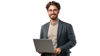 Young smiling modern male teacher holding laptop isolated on transparent and white background.PNG image.