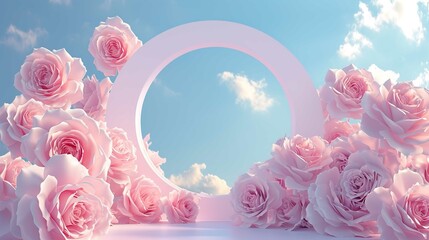 Podium background flower rose product pink 3d spring table beauty stand display nature white. Garden rose floral summer background podium cosmetic valentine - obrazy, fototapety, plakaty