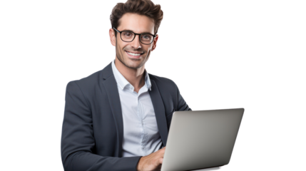 Young smiling modern male teacher holding laptop isolated on transparent and white background.PNG image.