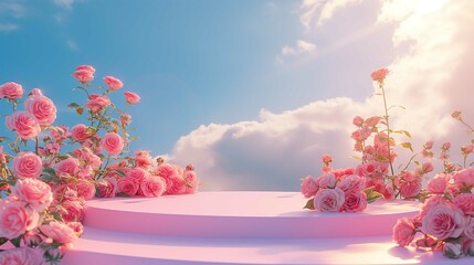 Podium background flower rose product pink 3d spring table beauty stand display nature white. Garden rose floral summer background podium cosmetic valentine