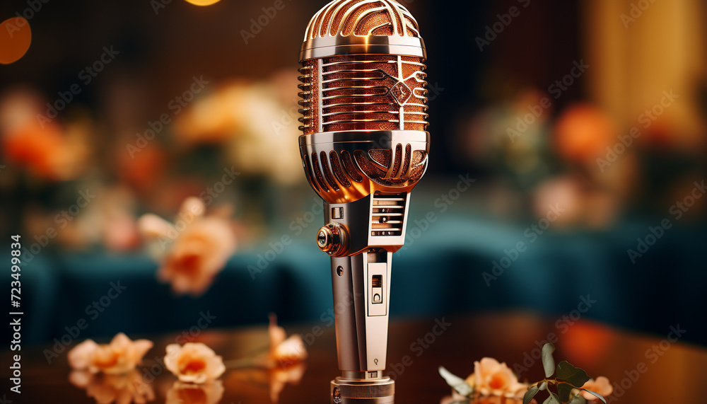 Poster close up microphone on stage, broadcasting singer performance to audience generated by ai