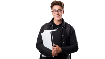 young handsome man holding notebooks, isolated on transparent and white background.PNG image.