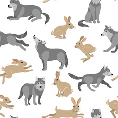 vector drawing seamless pattern with wolves and rabbits, hand drawn animals at white background , cartoon style characters