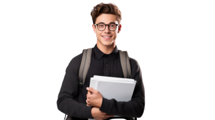 young handsome man holding notebooks, isolated on transparent and white background.PNG image.