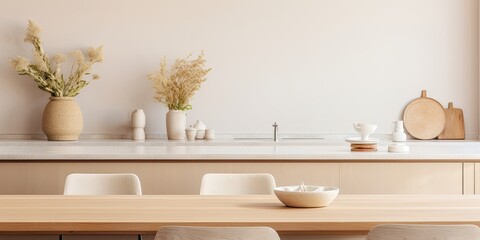 Fototapeta na wymiar Minimal table decor with white and beige kitchen and dining interior.