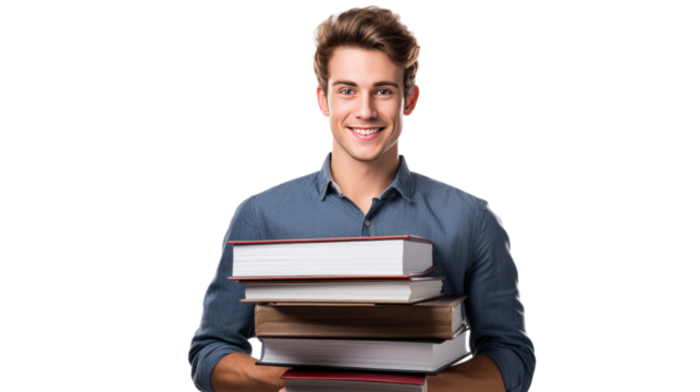 young handsome man holding notebooks, isolated on transparent and white background.PNG image. - Powered by Adobe