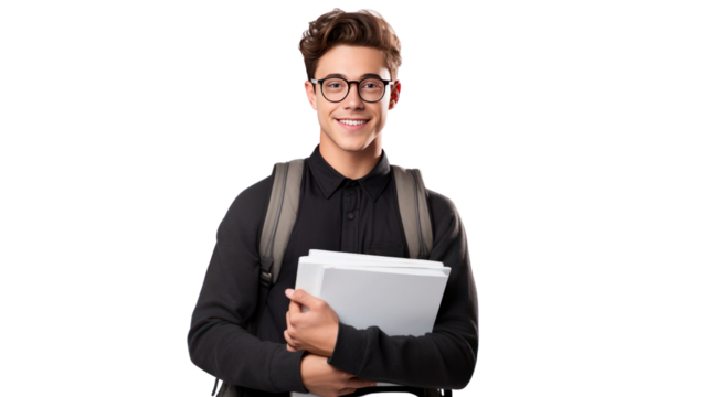 young handsome man holding notebooks, isolated on transparent and white background.PNG image.