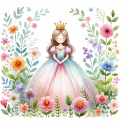 Obraz na płótnie Canvas Princess in a garden with flowers. watercolor illustration. white background. children artworks, wallpapers, posters, greeting cards prints. 