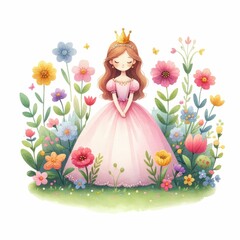 Obraz na płótnie Canvas Princess in a garden with flowers. watercolor illustration. white background. children artworks, wallpapers, posters, greeting cards prints. 