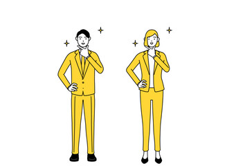 自信家のポーズを取るスーツ姿の男性と女性のシンプルな線画イラスト