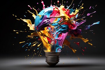 Creative light bulb explodes with colorful paint and splashes on a black background. Think differently creative idea concept - obrazy, fototapety, plakaty