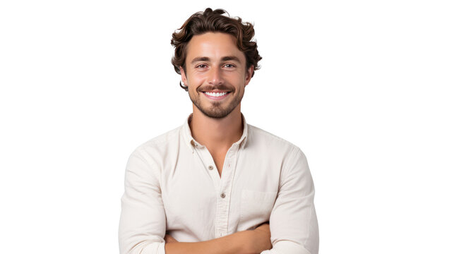 Young, handsome and friendly face man smile, isolated on transparent and white background.PNG image.	
