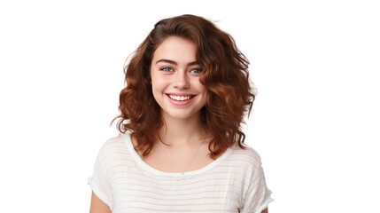 Young chubby student woman, 18 years old, smiling at the camera, isolated on transparent and white background.PNG image.