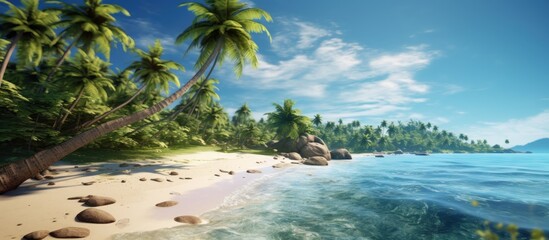 Tropical beach with palm trees. Panoramic banner.