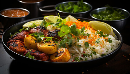 Grilled meat and vegetables on a fresh plate of goodness generated by AI