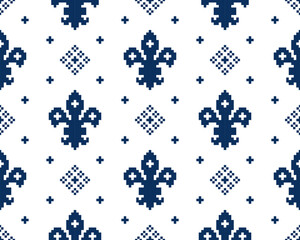 Fleur de lis seamless pattern.Classic royal embroidery vintage style.Traditional and little more modern. Flower with French origins.Vector illustration blue and white background design for decor. - obrazy, fototapety, plakaty