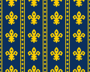 Fleur de lis seamless pattern.Classic royal embroidery vintage style.Traditional and little more modern. Flower with French origins.Vector illustration blue,yellow,white background design for decor. © Cozy Wind Design