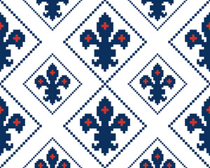 Fleur de lis seamless pattern.Classic royal embroidery vintage style.Traditional and little more modern. Flower with French origins.Vector illustration blue and white background design for decor. © Cozy Wind Design