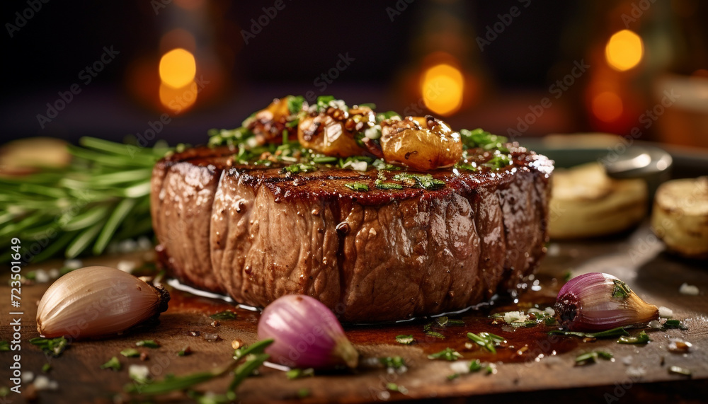 Poster Grilled steak, fresh and tender, ready to eat on rustic plate generated by AI