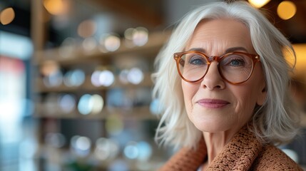 Senior woman in optical store. Customer trying on new glasses