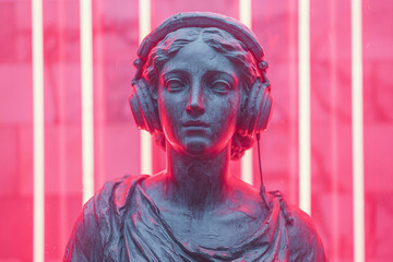 Female statue wearing headphones close-up on neon background front view.