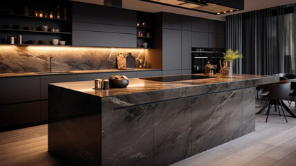 Front view of a modern designer kitchen with smooth handleless cabinets with black edges, black glass appliances, a marble island and marble countertops - obrazy, fototapety, plakaty