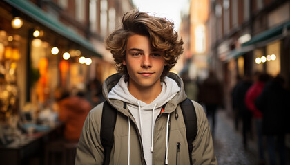 Fototapeta premium A confident young man, smiling, looking at camera in city generated by AI