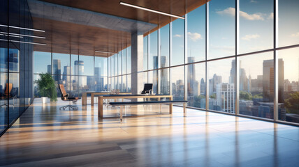 New glass concrete office interior with city view, daylight, wooden floor furniture and equipment