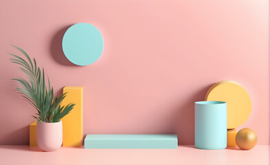 Empty 3D template featuring cute aesthetic, rounded edges, soft pastel color palette, shadow casting, ideal for character insertion. Generative AI