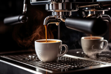 stainless steel coffee machine hums with life as steam billows from its spout