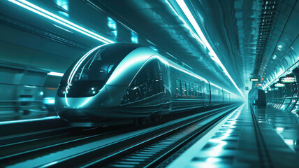 fast modern express passenger train high speed railway hyperloop moving flash light Futuristic technology hi tech future digital transport hyperloop concept
