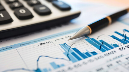 Financial accounting stock market graphs, pen, analysis calculator