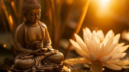 A serene Buddha statue meditating beside a vibrant lotus flower, symbolizing purity and spiritual growth in a peaceful setting.