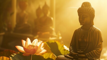 A serene Buddha statue meditating beside a vibrant lotus flower, symbolizing purity and spiritual growth in a peaceful setting.