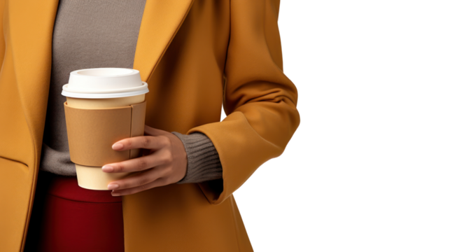 Woman holding takeaway paper coffee cup isolated on transparent and white background.PNG image. - Powered by Adobe