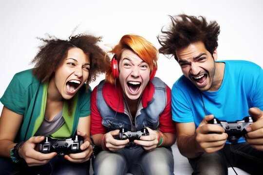 Group of portrait of a happy gamer winning in online video game. Generative AI.